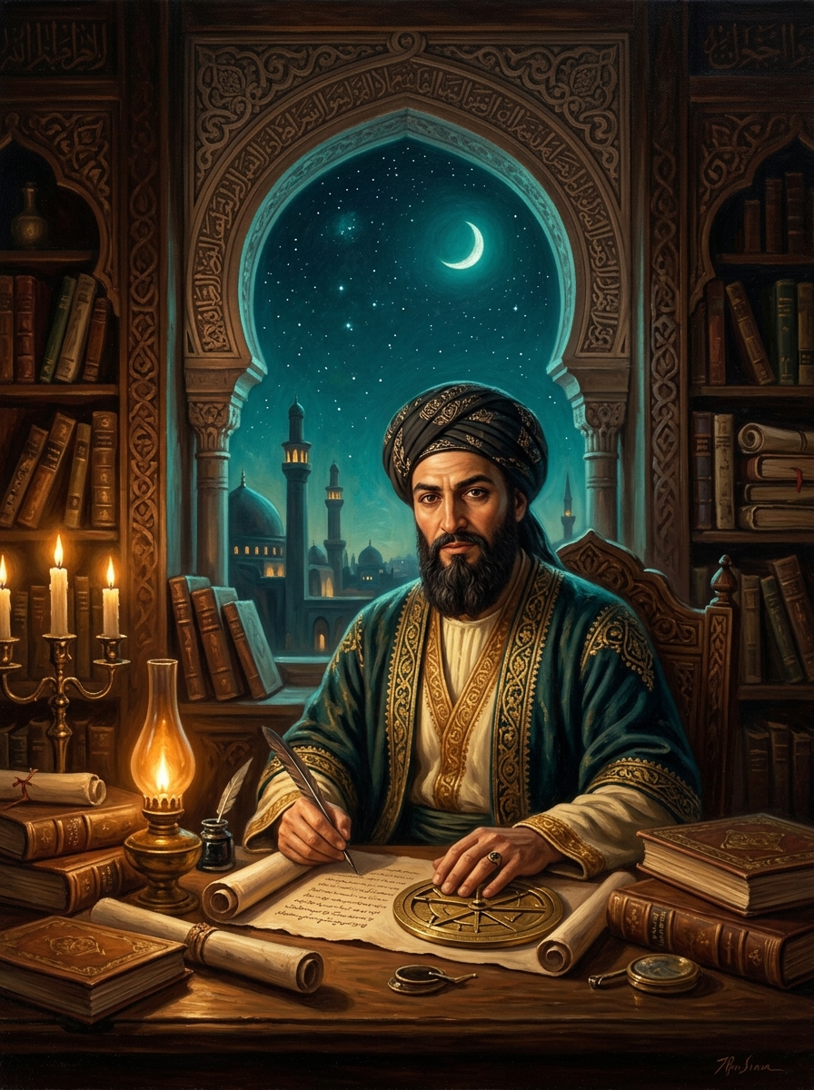 Fine art oil painting of Ibn Sina in an Islamic Golden Age library