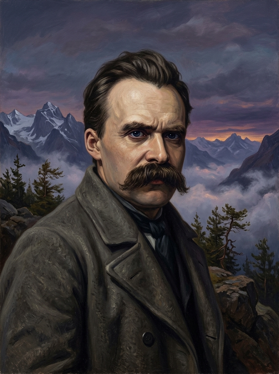 Fine art oil painting of Friedrich Nietzsche in the Alps of Sils Maria